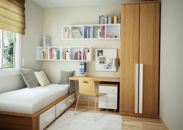 21.une magnique-idée-chambre-adulte-étageres-lit-avec-espace-de-rangement-petit-bureau-armoire-petites-espaces