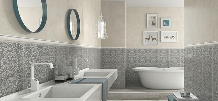 déco-salle-de-bain-en-blanc-et-gris-idée-carrelage-salle-de-bain-ésthétique-deux-lavabos-belle-déco-murale-baignoire-à-poser