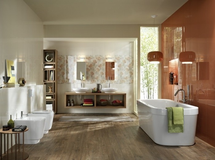 modele-salle-de-bain-en-blanc-et-rouge-idée-carrelage-salle-de-bain-en-blanc-et-rouge-baignoire-à-poser-mmeubles-de-rangement-salle-de-bain