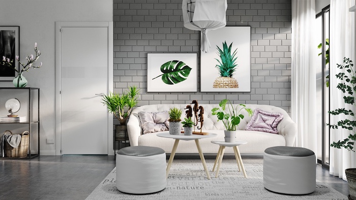idée pour une association de couleur avec le gris, mur de briques gris, revetement sol gris, canapé blanc, table basse scandinave, plantes vertes