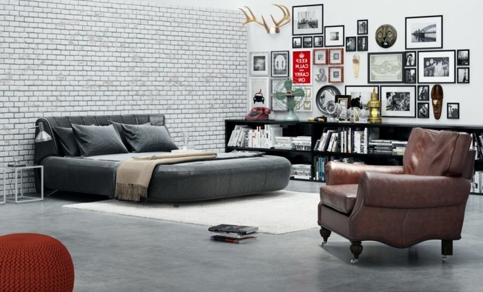 chambre-vintage-déco-chambre-vintage-adulte-riche-déco-murale-photos-noir-et-blanc-fauteuil-brun-pouffe-rouge