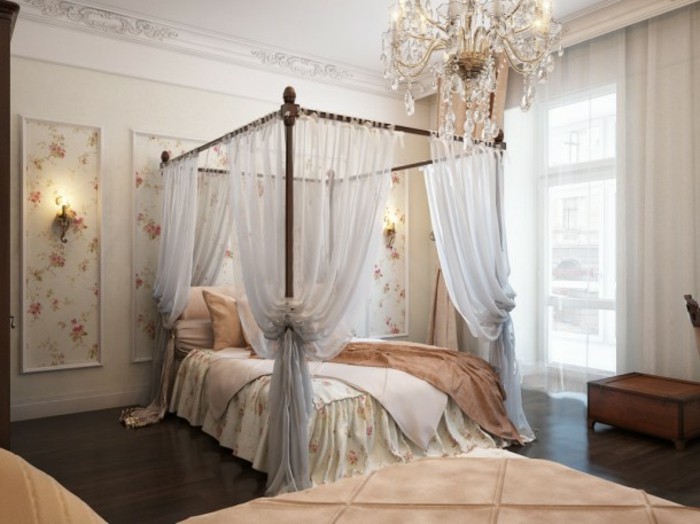 chambre-vintage-déco-chambre-vintage-lit-à-baldaquin-lustre-majestueux-coffre-en-bois
