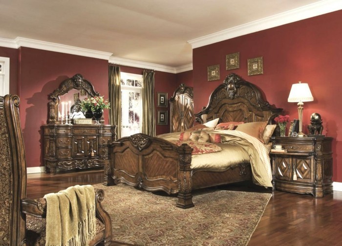 chambre-vintage-en-rouge-déco-chambre-vintage-lit coiffeuse-armoire-en-bois-tapis-oriental