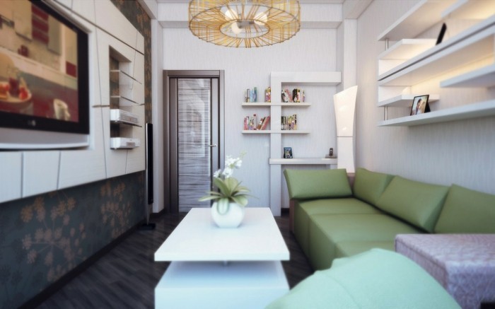 idée-déco-petit-salon-comment-meubler-un-salon-jolie-suspension-étagères-murales-techniques-gain-de-place-sofa-vert-commode-petite-table-blanche