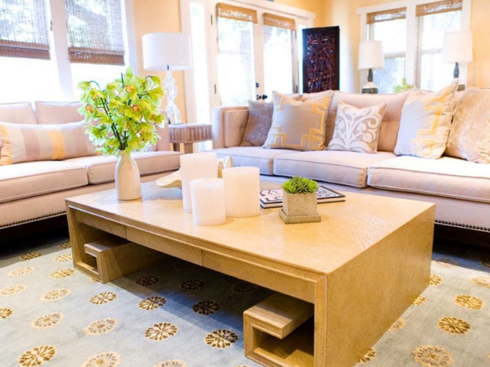 idée-déco-petit-salon-table-design-original-sofa-confortable-tapis-bleu-à-motifs-floraux