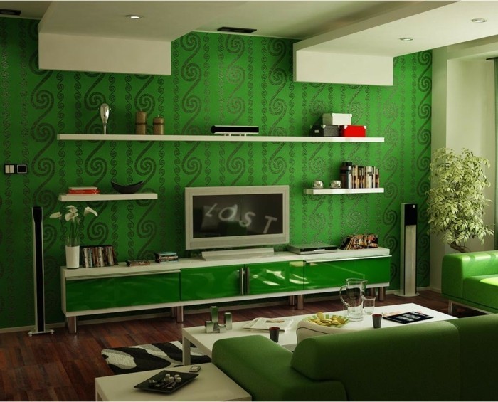 idée-déco-petit-salon-idée-comment-meubler-son-salon-canapé-et-papier-peint-verts-étagères-murales-petite-table-blanche