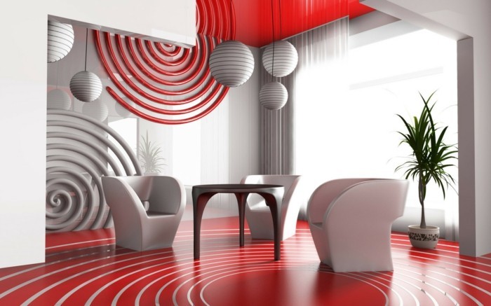 idées-déco-petit-salon-en-rouge-et-blanc-meubles-design-intéressant-original-suspensions-forme-sphérique