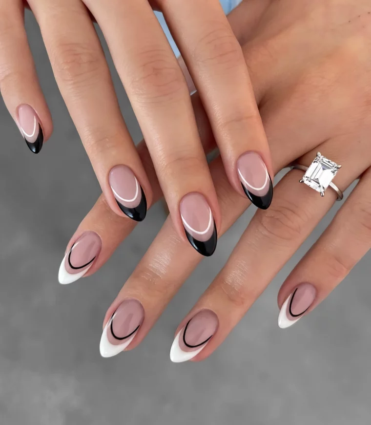 ongles en blanc et noir double french manucure forme ovale