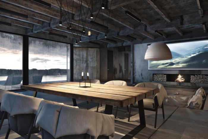 salle-à-manger-style-industriel-rustique-chaises-tapissées-plafond-poutres-apparentes