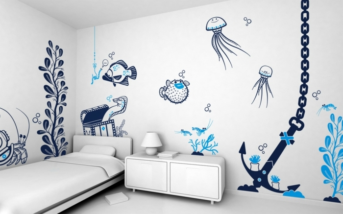 idee-peinture-chambre-enfant-blanche-jolis-dessins-inspirés-du-thème-de-la-mer-meubles-blancs-style-sobre-marin-très-intéressant