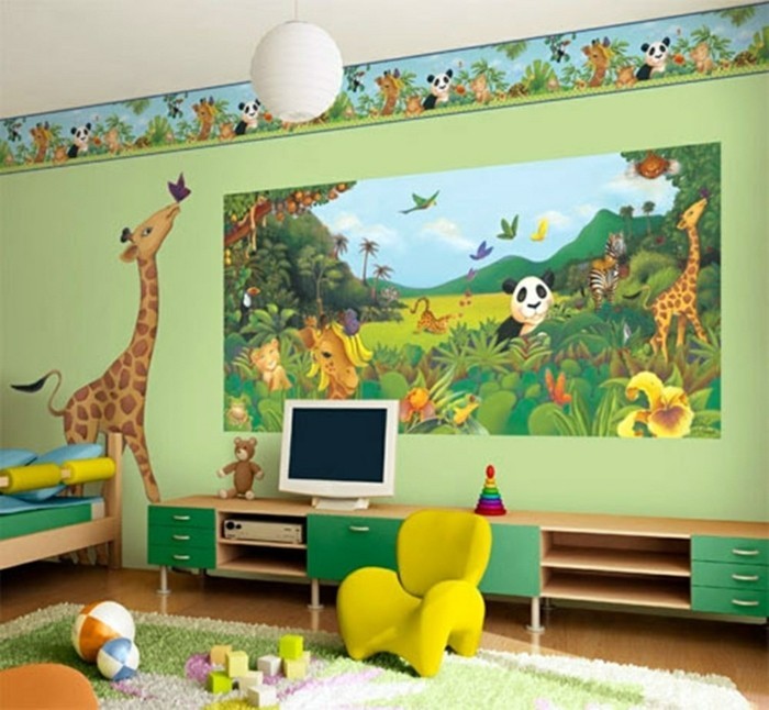 idee-peinture-verte-panneau-murale-sur-le-thème-de-la-jungle-jolie-frise-gaie-déco-qui-crée-une-ambiance-enjouée