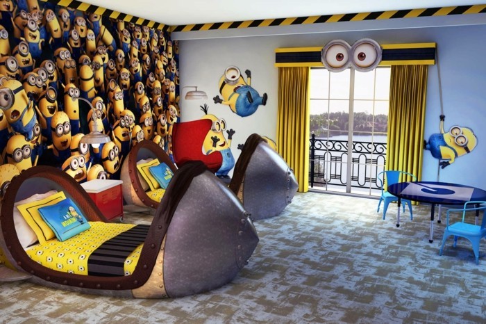 idée-très-crétaive-peinture-chambre-enfant-inspirée-du-thème-des-minions-lits-desing-intéressant