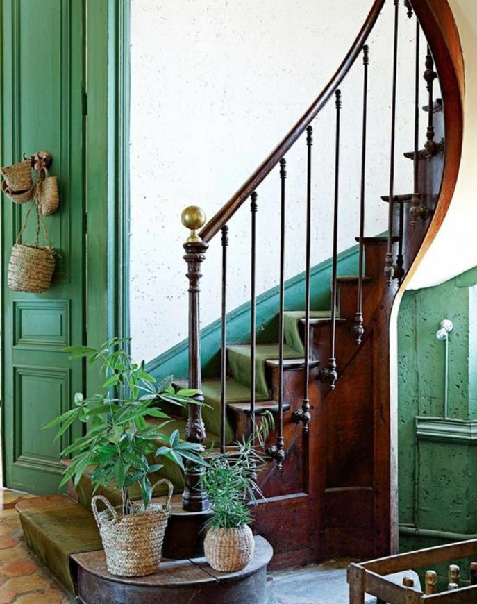 modele-escalier-au-charme-rustique-habillage-escalier-avec-un-tapis-vert-déco-composée-de-plantes
