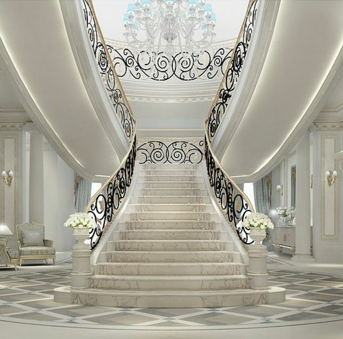 idee-deco-escalier-somptueuse-style-élégant-et-raffiné-maison-de-luxe-rambarde-escalier-à-jolis-arabesques