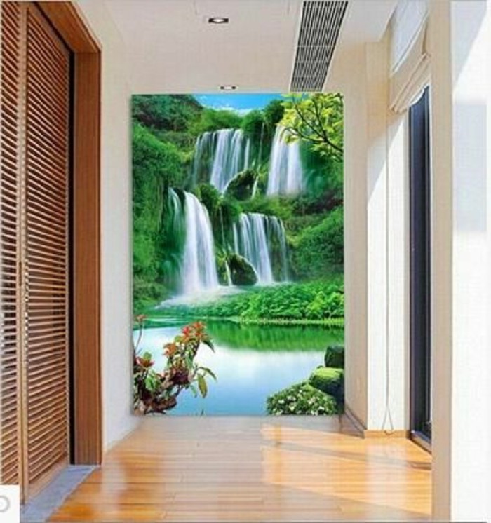 27-Papier peint pour couloir. Grand tableau avec des chutes d'eau sur le mur