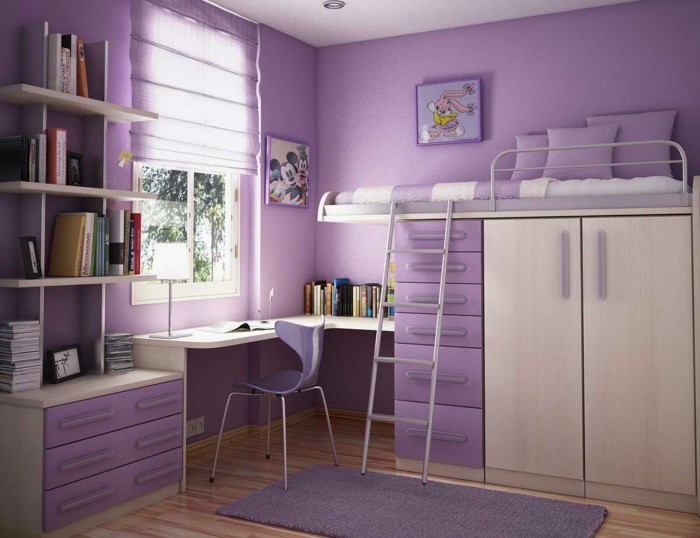 jolie-peinture-chambre-enfant-violette-modele-deco-chambre-fille-lit-en-hauteur-étagères-bureau
