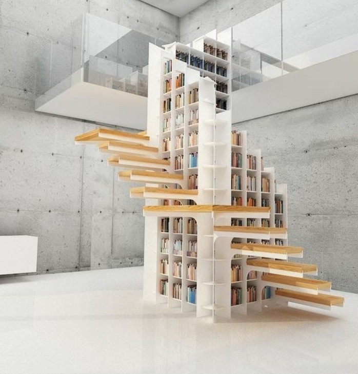 escalier-moderne-design-original-escalier-organisé-autour-d'une-bibliothèque