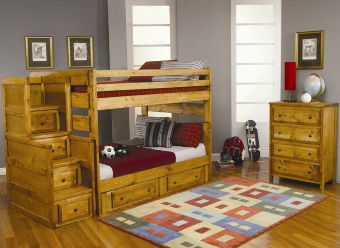 peinture-chambre-enfant-grise-des-lits-superposés-pour-deux-garçons-meubles-en-bois-vintage