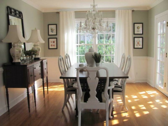 peinture-salle-à-manger-verte-table-en-bois-marron-chaises-en-noir-et-blanc-déco-style-vintage