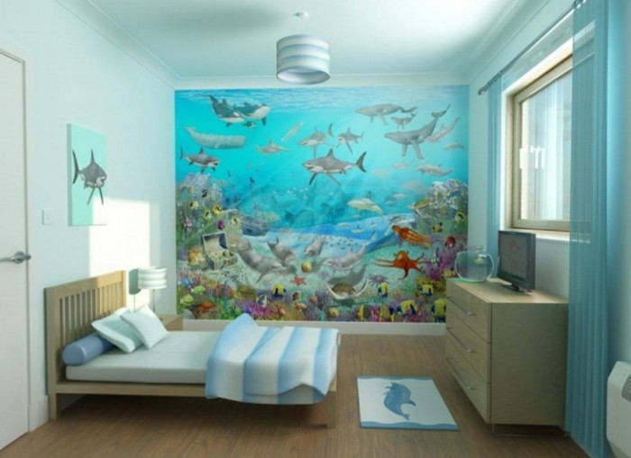 magnifique-suggestion-peinture-chambre-enfant-blanche-avec-un-mur-d-accent-représentant-les-fonds-marrins-thème-ludique-joyeuse