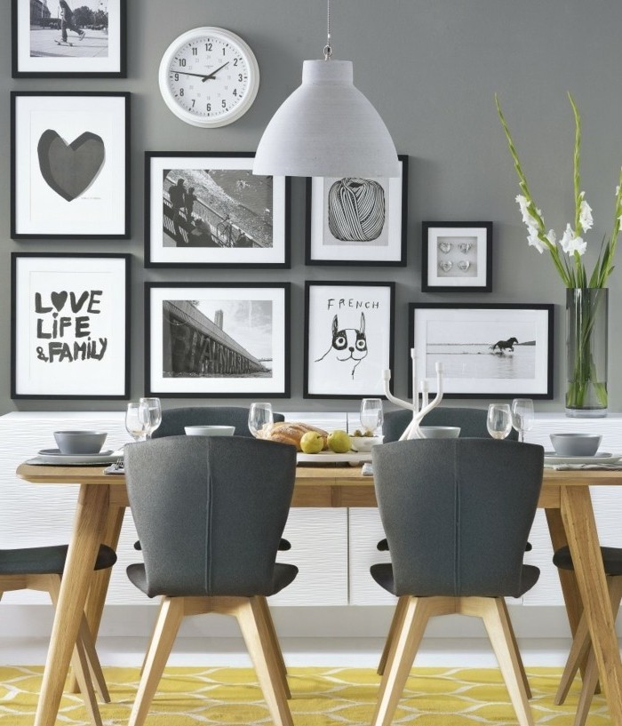 peinture-salle-à-manger-grise-table-en-bois-chaises-en-bois-avec-sièges-couleur-grise-belle-déco-murale-salle-à-manger-style-scandinave