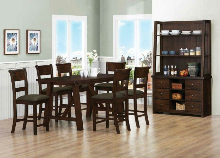 deco-salle-a-manger-verte-traditionnelle-chaises-et-table-en-bois-vaisselier-en-bois-marron