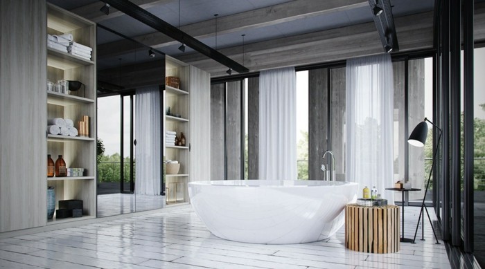 déco-salle-de-bain-gros-meubles-de-rangement-baignoire-à-poser-posé-dans-le-centre-décor-en-blanc-gris