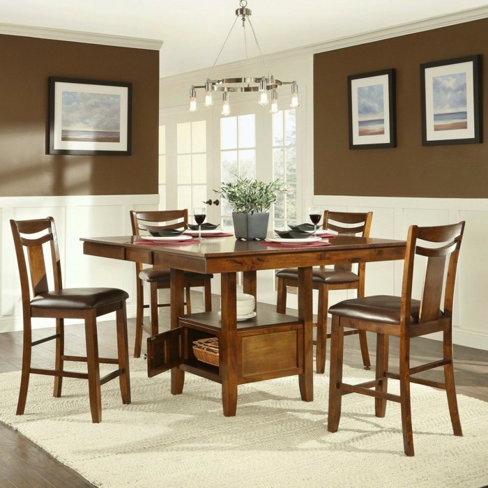 peinture-salle-à-manger-marron-table-en-bois-chaises-en-bois-et-cuir-idee-deco-originale