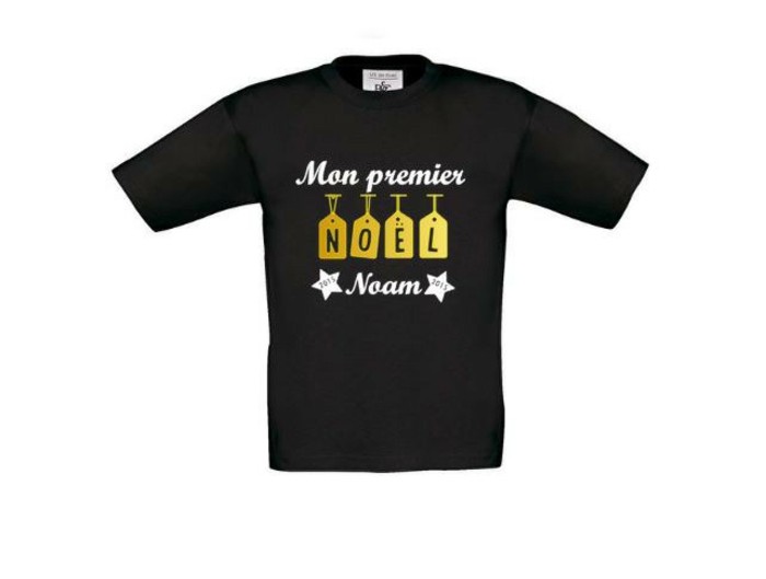 t-shirt-personnalisé-enfant-le -premier-noel-de-bebe-A-little-market-en-noir-et-jaune-resized