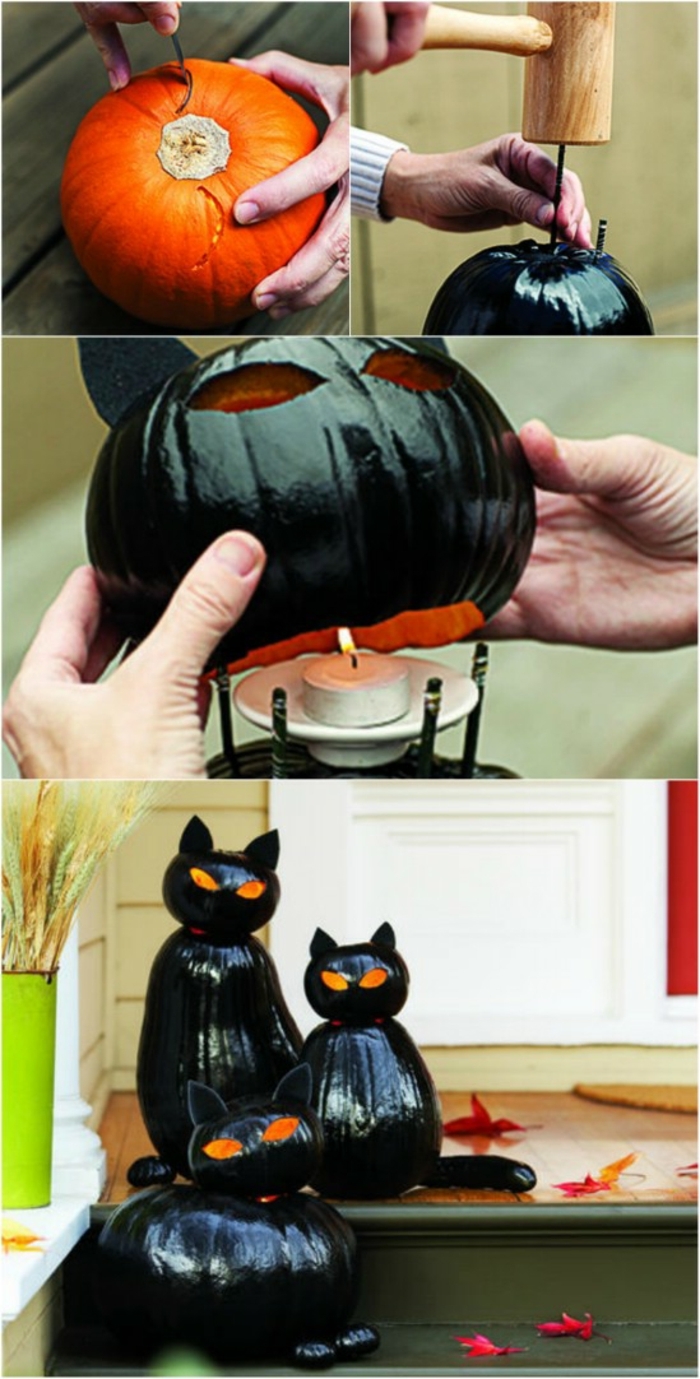 idee-bricolage-halloween-formidable-deco-composee-de-citrouilles-qui-sont-transformees-en-chats-noirs-lanternes