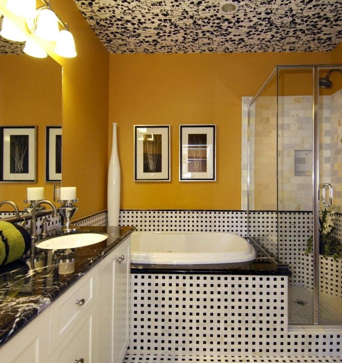 superbe-suggestion-couleur-salle-de-bain-jaune-idee-carrelage-intéressante-peinture-plafond-salle-de-bain-original-cabine-de-douche-en-verre