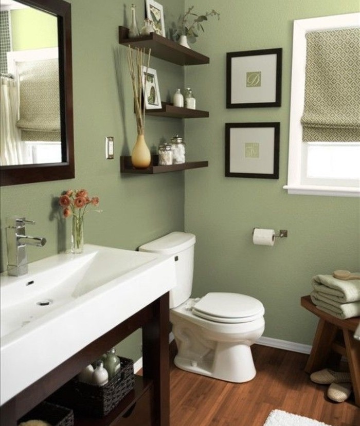 idée-couleur-salle-de-bain-verte-WC-lavabo-blanc-étagère-ambiance-naturelle-paisible