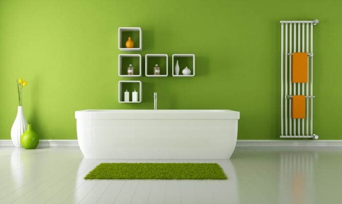 suggestion-salle-de-bain-verte-ambiance-zen-décor-épuré-étagères-blanches-baignoire-à-piser-blanche