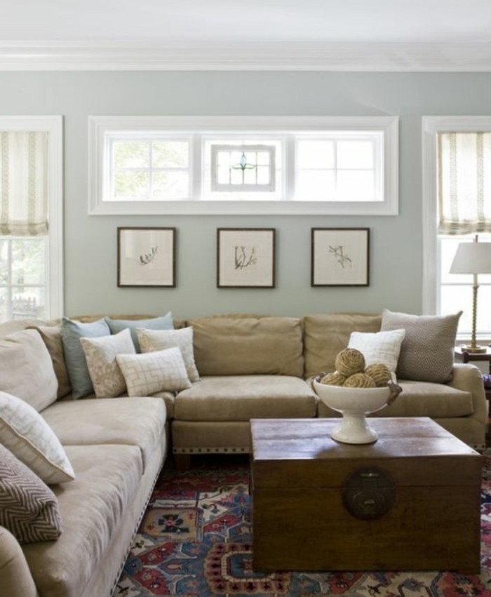 formidable-idee-peinture-salon-vert-pale-large-canape-beige-tres-confortable-table-vintage-imitation-coffre