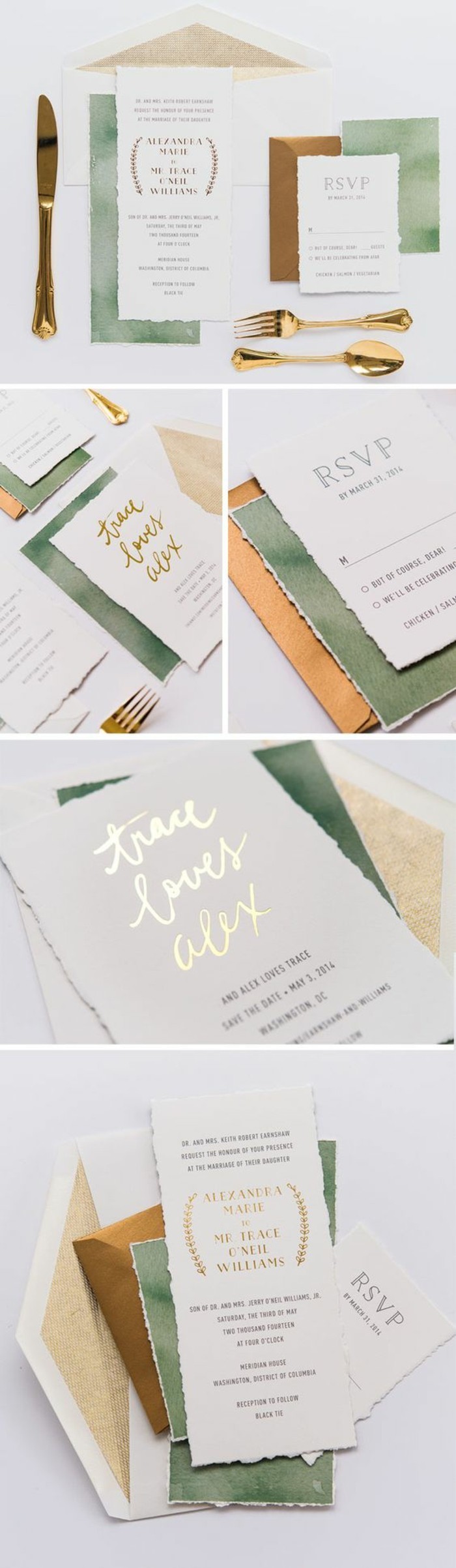 faire-part-de-mariage-original-en-beige-vert-et-or-papier-beige-vert-idee-diy-carte-invitation
