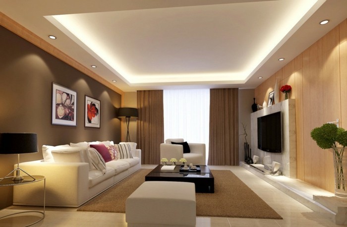 idee-peinture-salon-interessante-meubles-blancs-tv-deco-originale-mur-d-accent-marron
