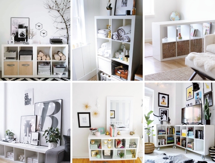 ikea decor hacks étagère kallax design salon minimaliste meuble rangement tv tapis scandinave blanc et noir