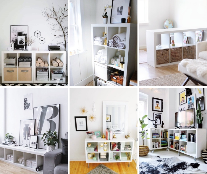 ikea decor hacks étagère kallax design salon minimaliste meuble rangement tv tapis scandinave blanc et noir