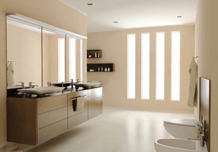 modele-salle-de-bain-moderne-couleur-salle-de-bain-beige-double-vasque-à-poser-meuble-sous-vasque-en-bois-décor-aux-lignes-épurées