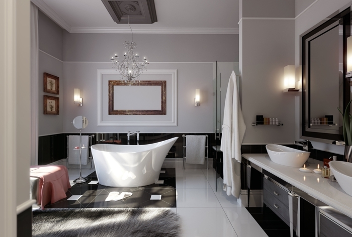 peinture-salle-de-bain-couleur-taupe-modele-salle-de-bain-luxe-baignoire-à-poser-blanche-double-vasque-à-poser-gros-miroir