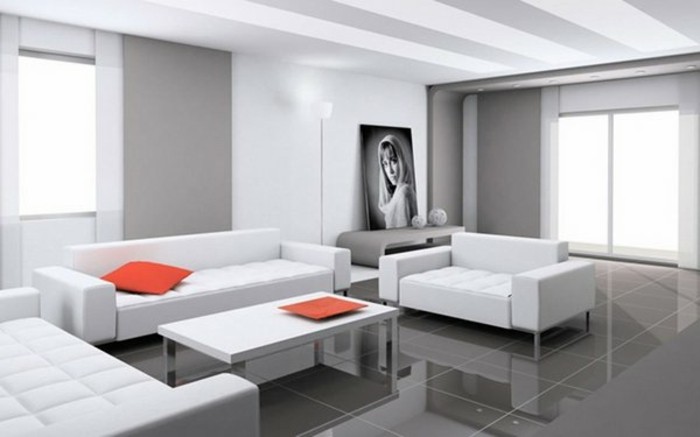 admirable-idee-deco-salon-gris-et-blanc-mobilier-blanc-carrelage-gris-petits-accents-orange-et-joli-portrait-en-noir-et-blanc-deco-sobre