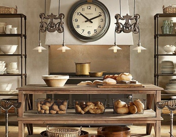 ambiance-rustique-industrielle-table-en-bois-etageres-industrielles-suspensions-vintage-loft-horloge-vintage-deco-industrielle-magnifique