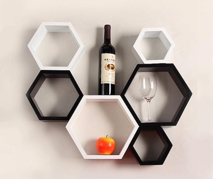 etagere-murale-cube-hexagone-design-blanche-noire