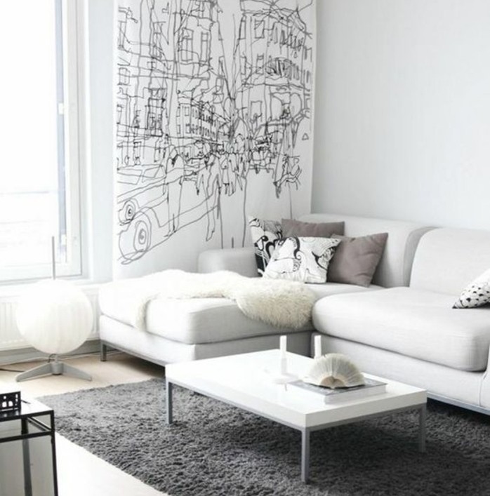 formidable-salon-gris-et-blanc-couleur-peinture-salon-blanc-canape-blanc-tapis-gris-mur-a-lignes-graphiques