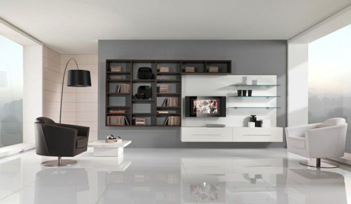magnifique-idee-deco-salon-ultra-moderne-mur-en-gris-revetement-sol-blanc-meuble-tv-blanc-bibliotheque-marron
