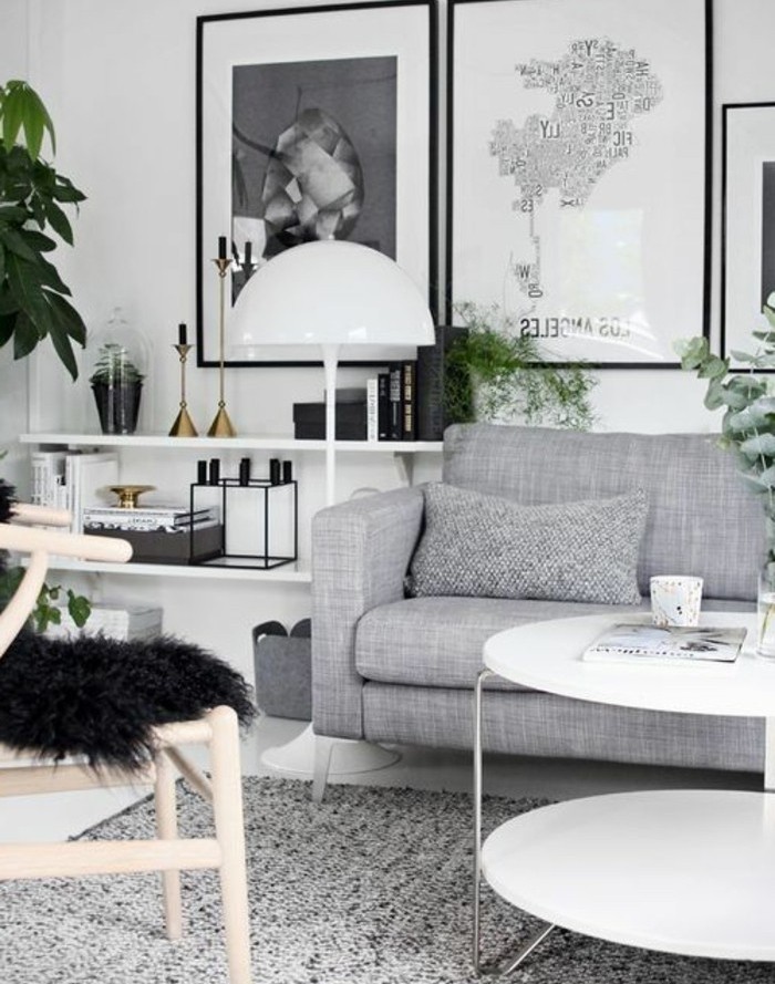 salon-gris-et-blanc-avec-de-petites-touches-de-noir-couleur-mur-et-etageres-blanches-canape-et-tapis-gris-idee-deco-salon-moderne-salon-scandinave