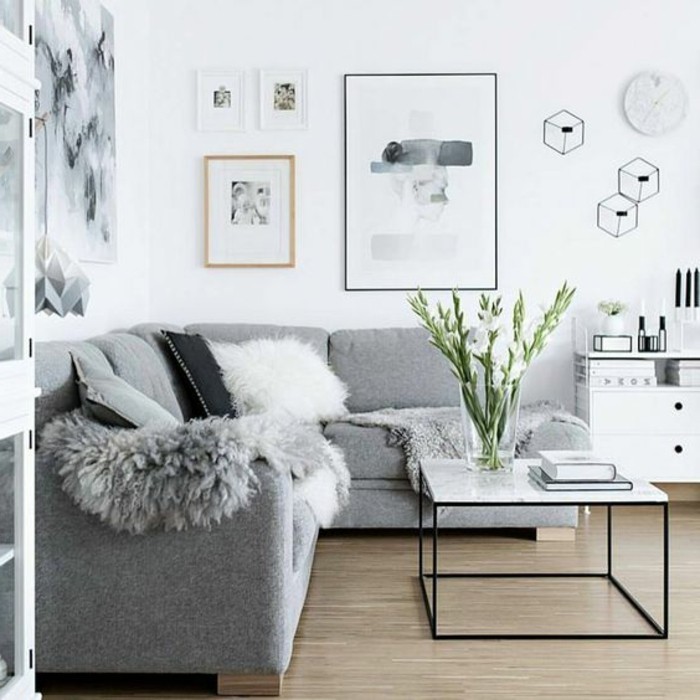salon-gris-et-blanc-couleur-peinture-salon-blanc-et-canape-gris-parquet-en-bois-tableaux-d-art-moderne-sur-les-murs