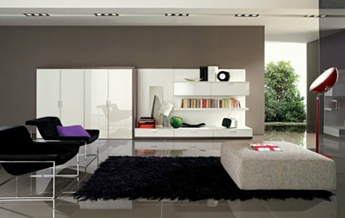 salon-gris-marron-tapis-noir-carrelage-faience-meubles-chic-bibliotheque-blanc