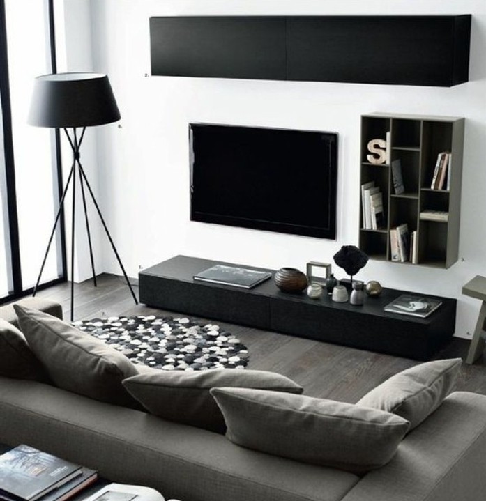 un-salon-en-noir-blanc-et-gris-idee-deco-salon-aux-lignes-epurees-peinture-murale-blanche-canape-gris-lampe-design-et-meuble-tv-noirs