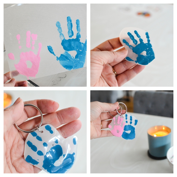 idee cadeau fete des peres a fabriquer, empreinte de main bébé colorées transformées en porte clé diy